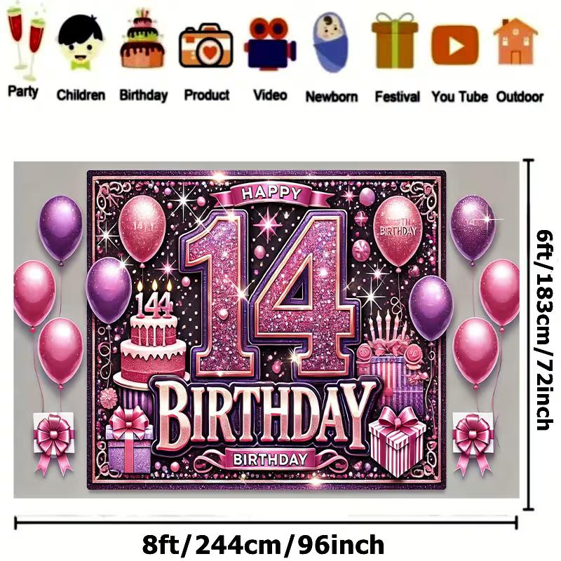 Sfondo 2D Fucsia Scintillante per il 14° Compleanno Decorazione Festa Ragazza Adolescente Tessuto di Sfondo