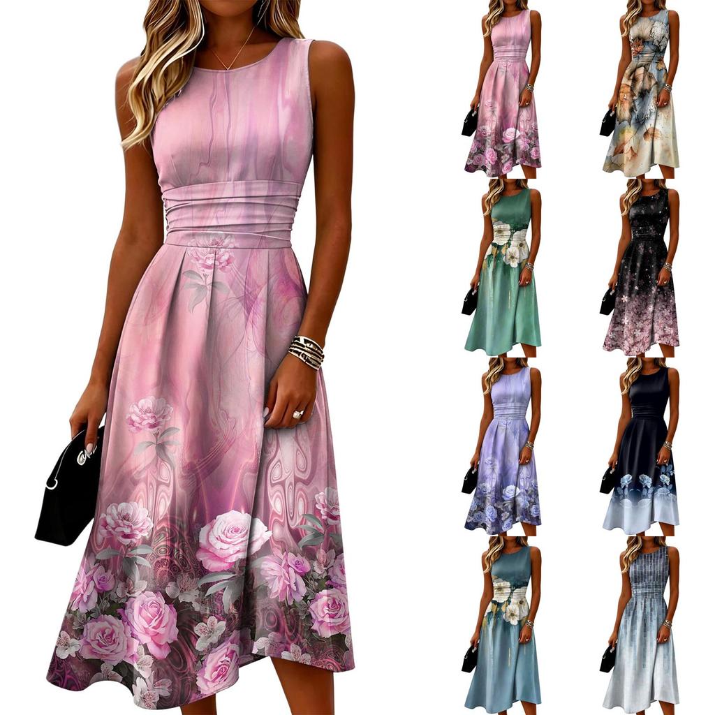 Sleeveless Casual Dress for Women Round Neck Midi Length Relaxed Fit Floral Print Summer Dress