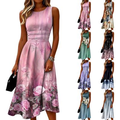 Sleeveless Casual Dress for Women Round Neck Midi Length Relaxed Fit Floral Print Summer Dress