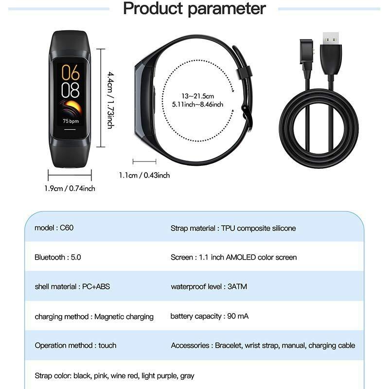 New C60 Temperature Measurement Smart Bracelet, Blood Pressure, Heart Rate, Blood Oxygen, Sleep, Exercise Step Counting, Health Monitoring