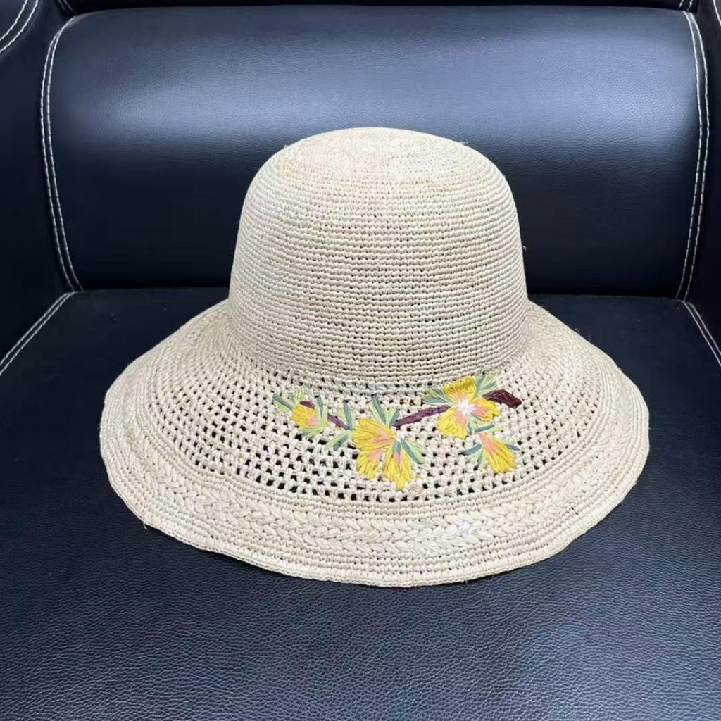 Handmade crochet raffia big eaves fisherman hat children sunshade sunscreen beach straw hat sun hat shows small face