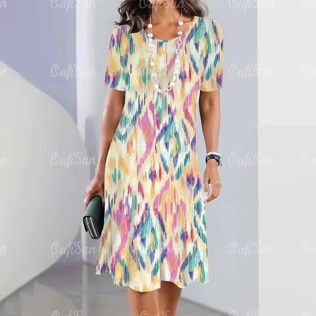 3D Geometric Stripe Print Elegant Women's Short-sleeved Summer Dress