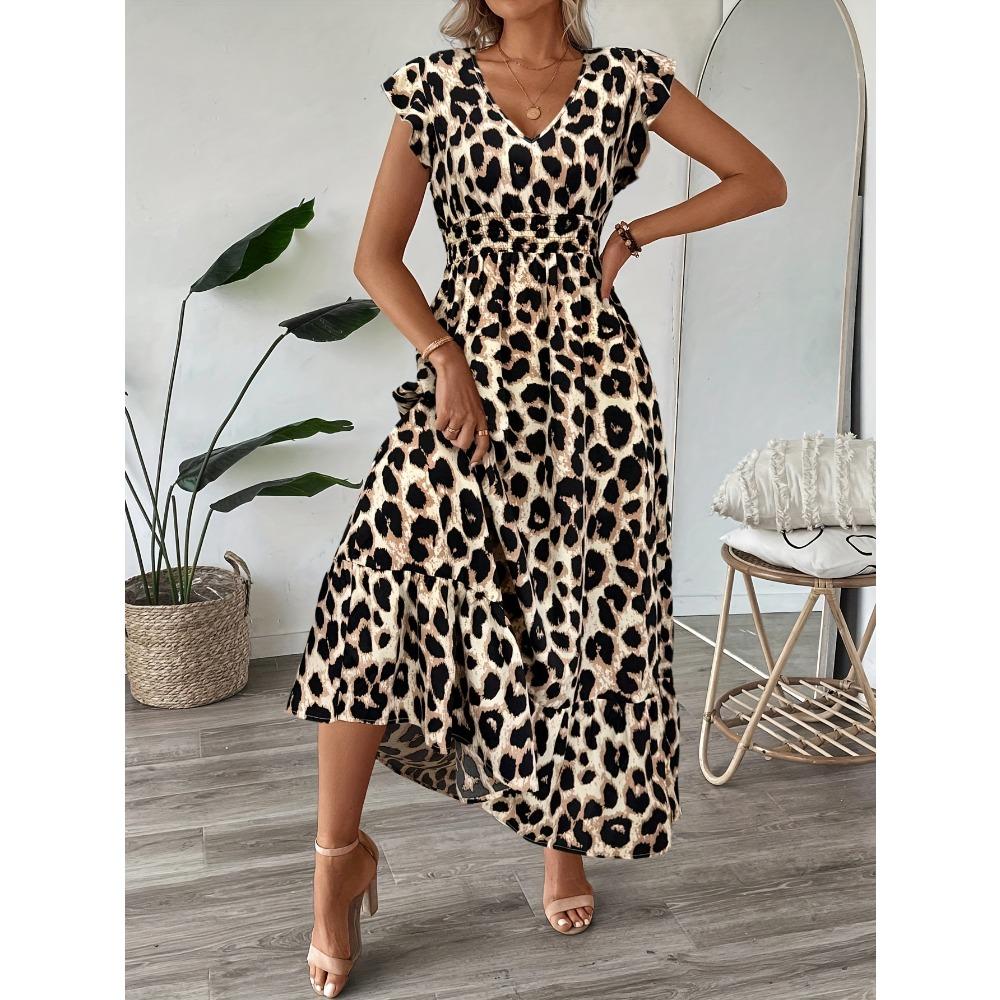 Women's V Neck Short Sleeve Elastic Waist Floral Print Ruffle Hem Maxi Dress Boho Beach Vacation Casual Flowy Sundress