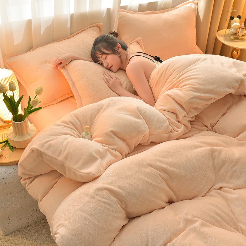 Class A Maternal Infant Grade Milk Fleece 4-Pcs Set, Warm Thickened Coral Fleece Fleece Bed Sheet, Bed Hat, Quilt Cover 3-Pcs Set