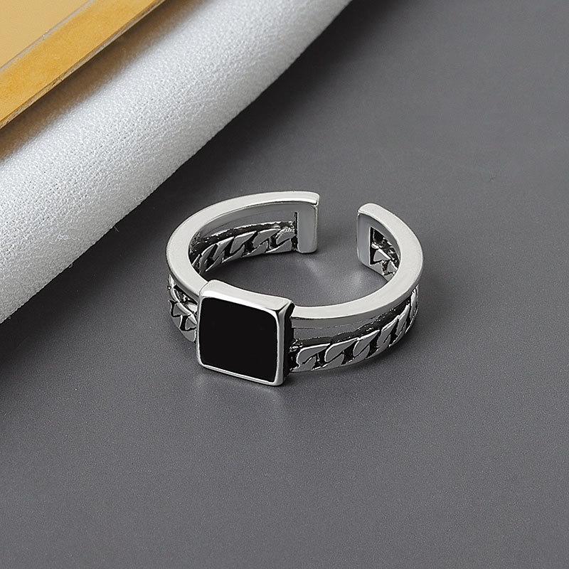 Vintage Geometric Double Layer Chain Enamel Square Open Ring Personality Fashion Index Finger Band For Women Men