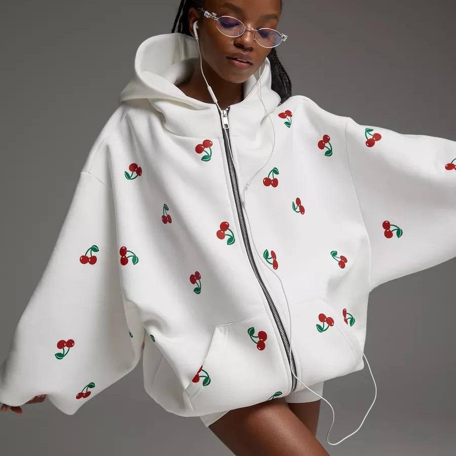 Cherry Blossom Printed Hoodie Sweatshirt Casual Autumn Women Street Style Fashion Brand Loose Versatile Sports Pullover with Hood