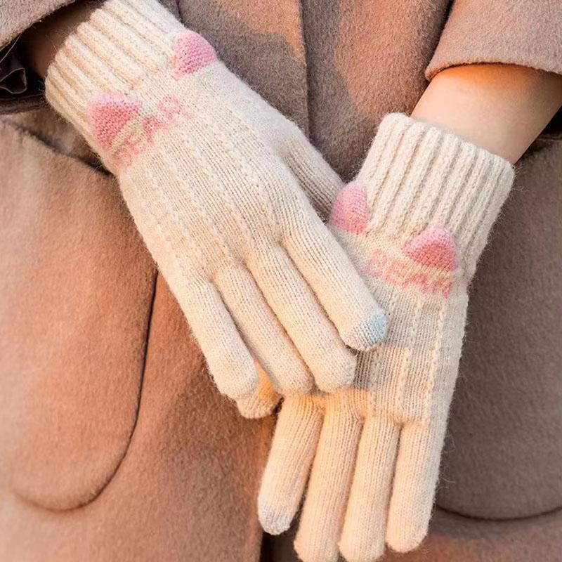 Korean Cat's Ears Cute Knitted Gloves Women Thickened Warm Touch Screen All Finger Gloves Soft Skin Friendly Splice Color Gloves