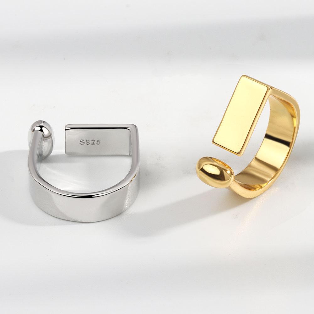 S925 Silver Women Geometric Rectangular Smooth Open Ring Minimalist Personalized Texture Band