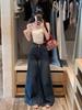 Petite Women's Retro Blue Wide-Leg Floor-Length Loose Jeans