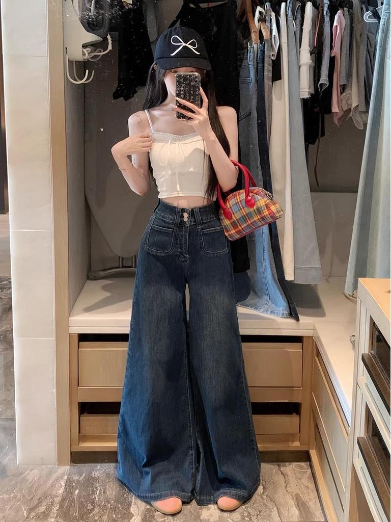 Petite Women's Retro Blue Wide-Leg Floor-Length Loose Jeans