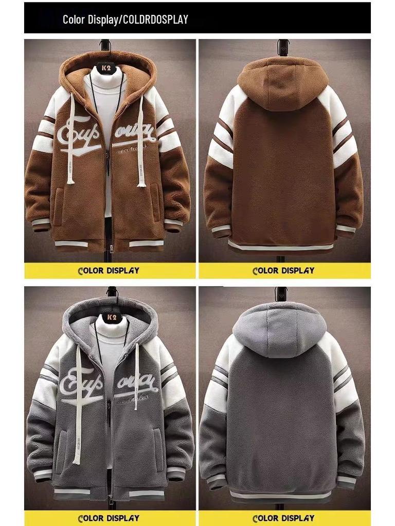 Men's Plus Size Lamb Fleece Cotton Hooded Jacket - Loose Fit, Thick Zipper Cardigan for Teenagers