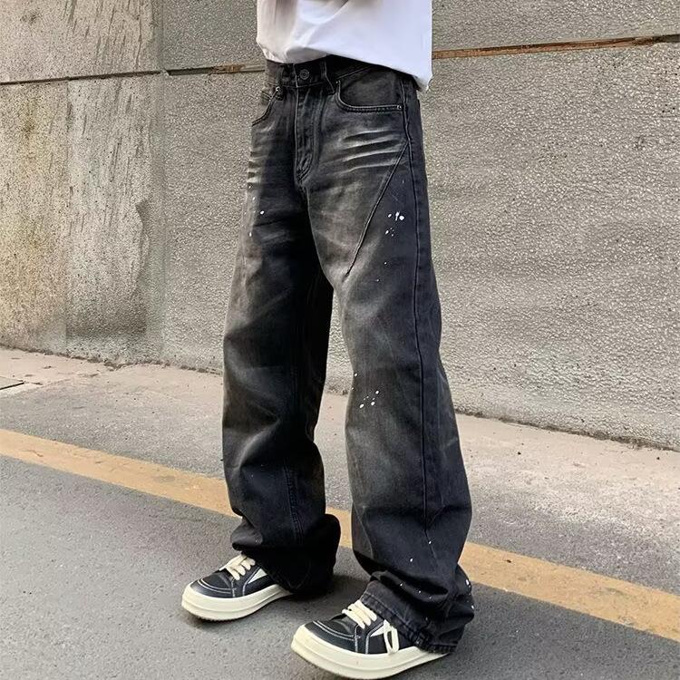 American Retro Washed Old Black Jeans Men's and Women's Trendy High Street Ink Splashing Loose Straight Casual Pants