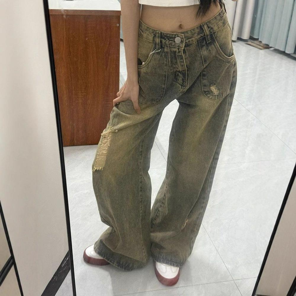 Jeans Women Fall Do Old Retro Big Yards Dragging The Ground Thin Loose Wide-leg Straight Pants Retro Street Style Baggy Long Jeans for Ladies