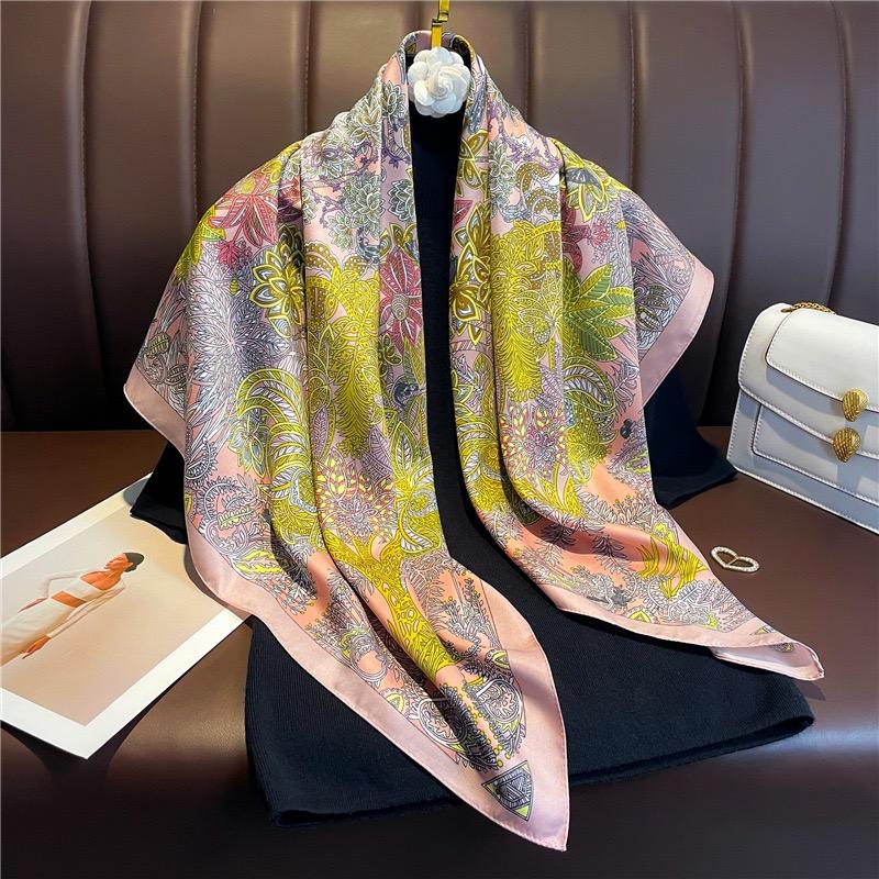 Women Luxury Designer Scarf Bohemian Vintage Floral Silk Scarves Square Small Handkerchief Neck Snood Bag Hijab 90*90Cm