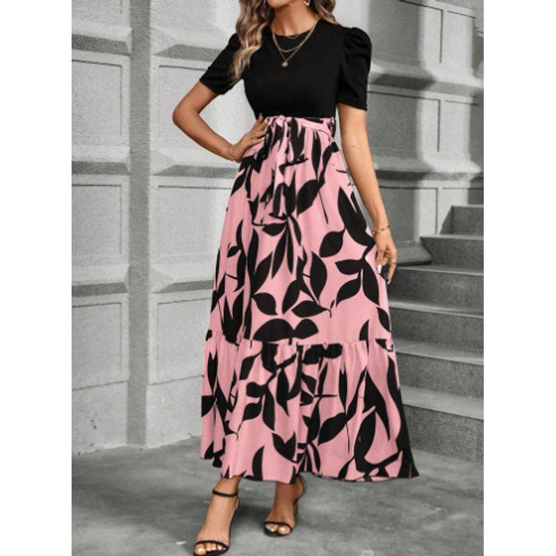 

Elegant Dress2025 Women clothes Spring and Summer Popular Flower Print round Neck Exotic Vacation Elegant Dress Pink L