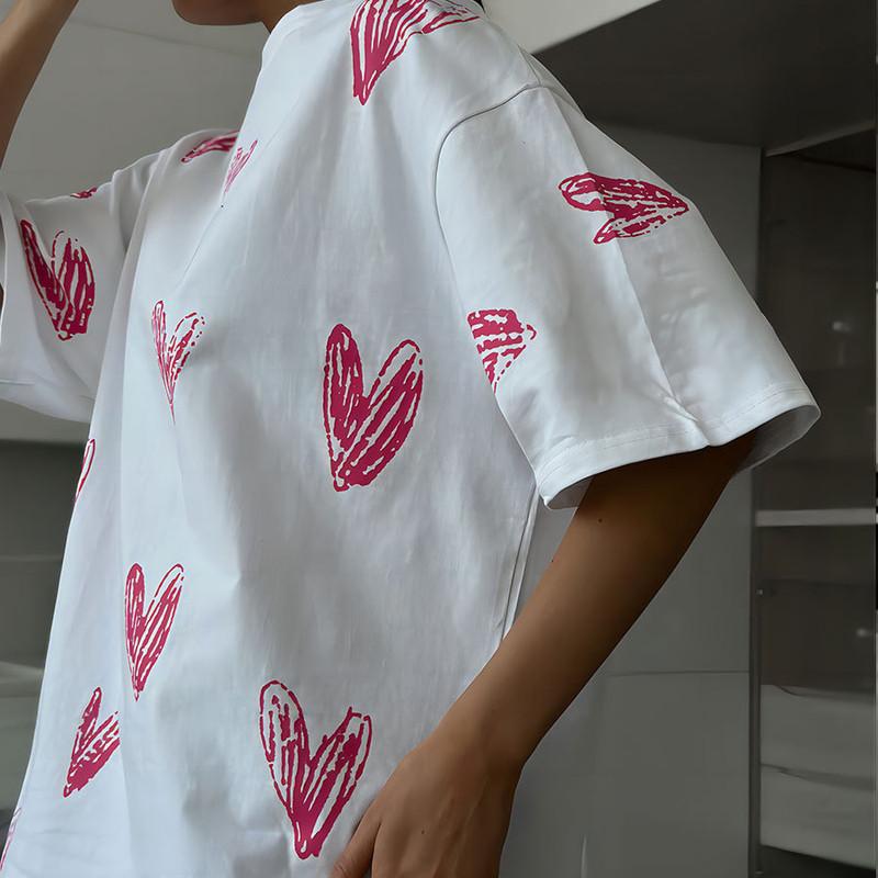 Casual O-neck Heart Print Women T-shirt Summer Short Sleeve Loose Cotton Female Basic Tops Shirt Tees Women Clothes
