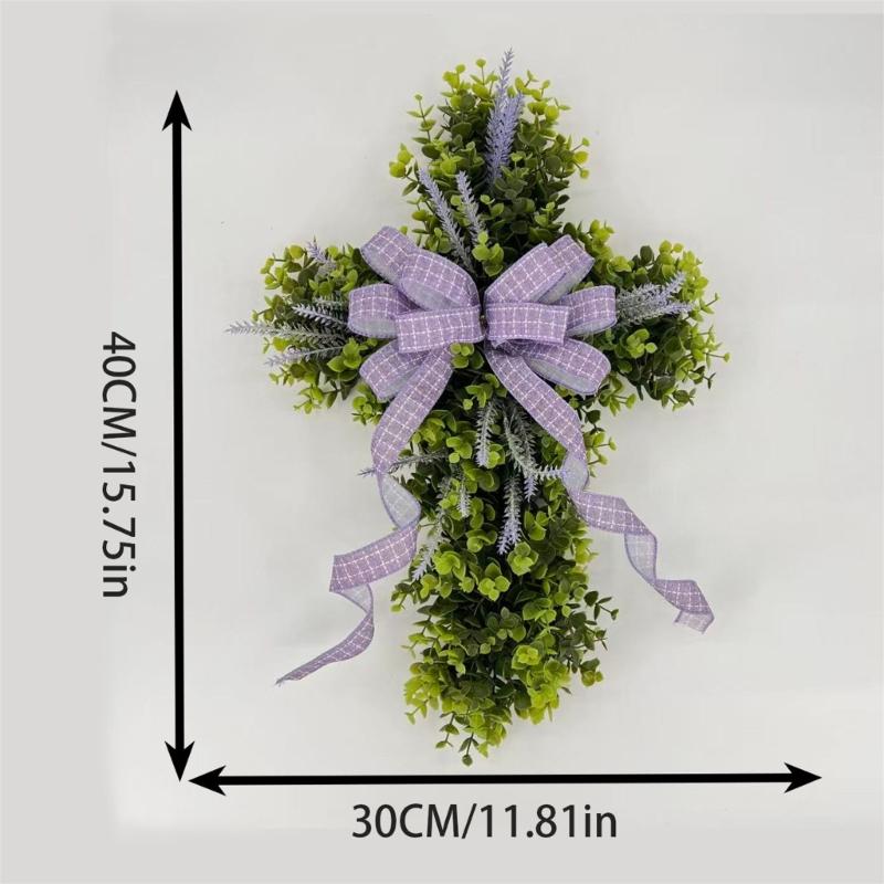 Crossed Shape Easter Wreath with Big Bowknot Plastic Artifical Wreath Hanging Decoration for Door Holiday Decoration