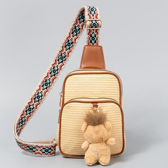 Women Crossbody Pack Straw Woven Chest Bag with Ethnic Strap Boho Shoulder Bag Crossbody Purse for Travel Vacation Street