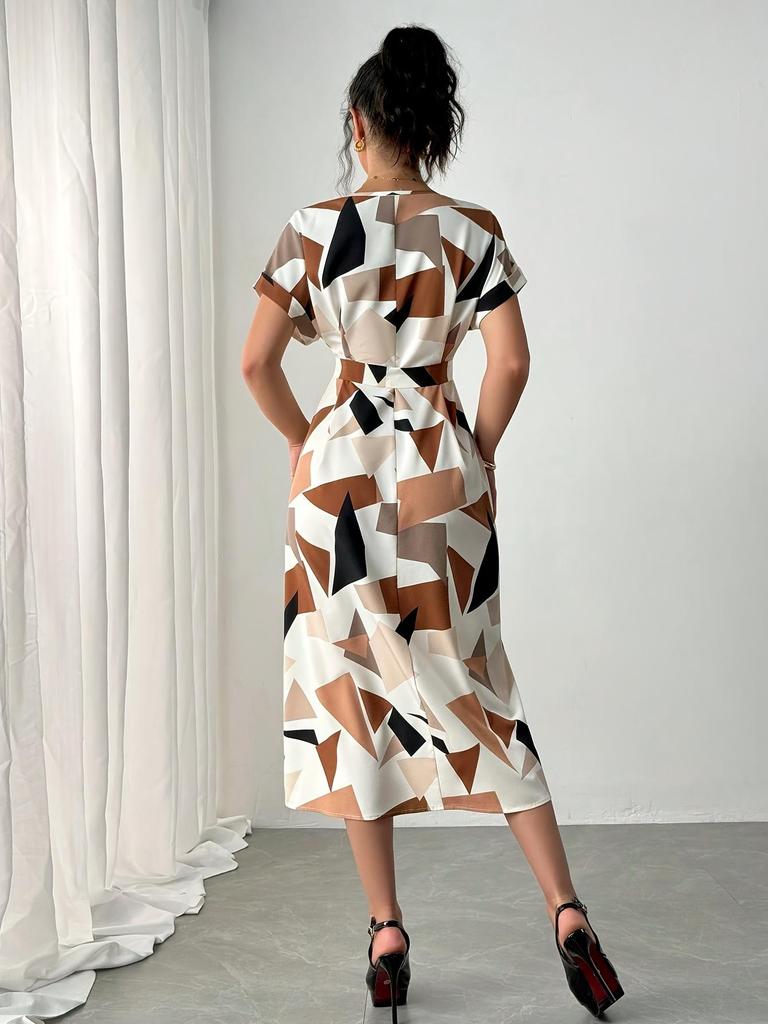 European Women's Fashion V-Neck Square Print Midi Dress