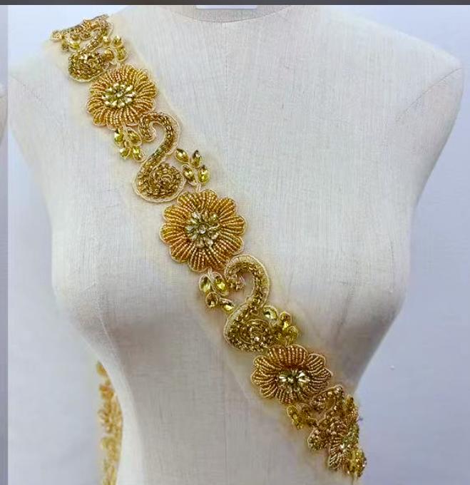 RM-801 Handmade Rhinestone Lace Trim Applique Sequin Beaded Trim for Dress