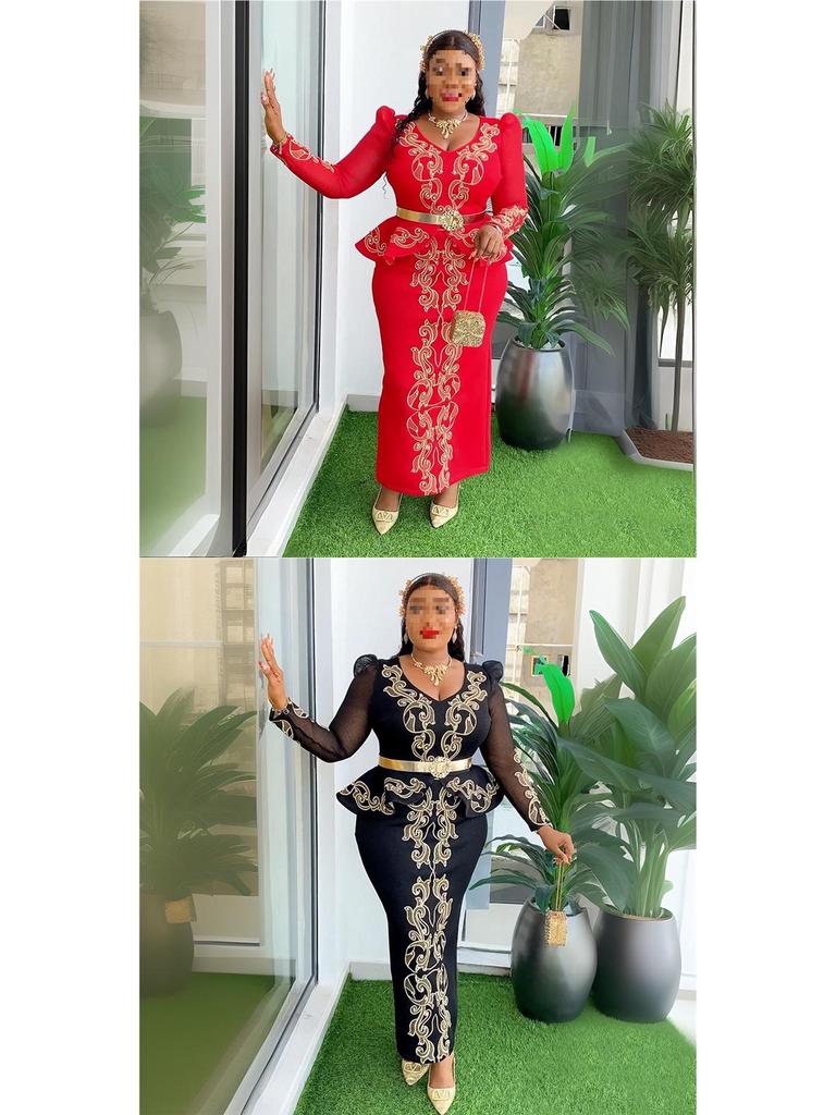 African Plus Size Rhinestone V-neck Formal Dress