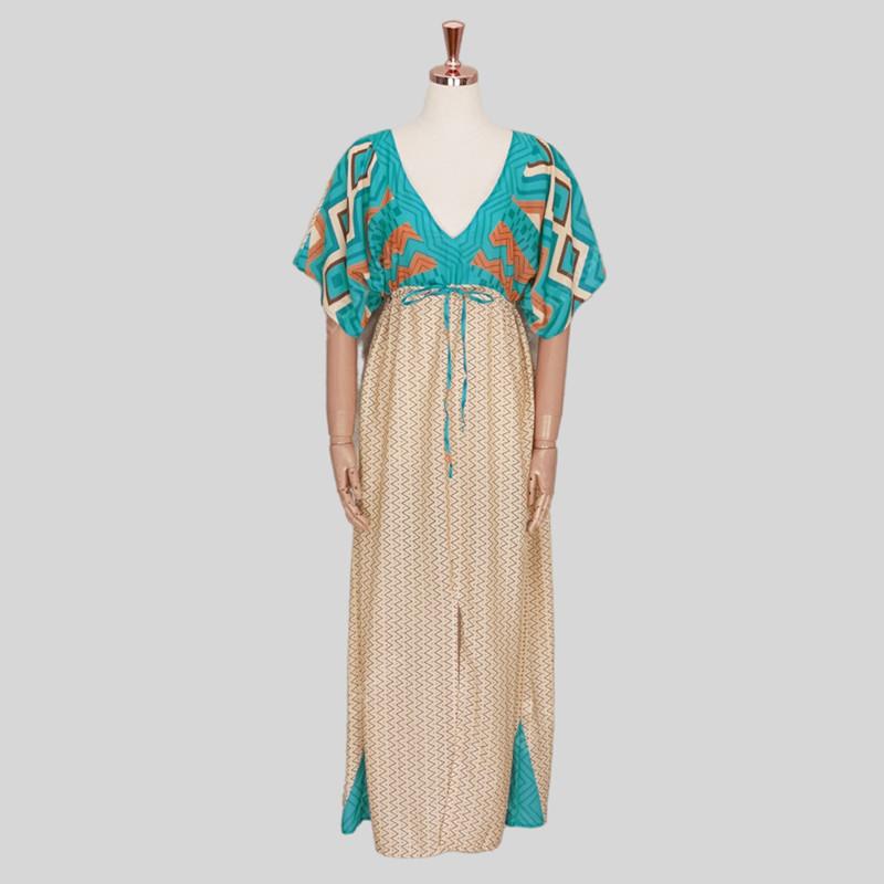 Bikini Cover-ups  Bohemian Printed Kimono Green Tunic Women Plus Size Beachwear Deep V-neck Front Open Maxi Dress Swim Suit Cover Up