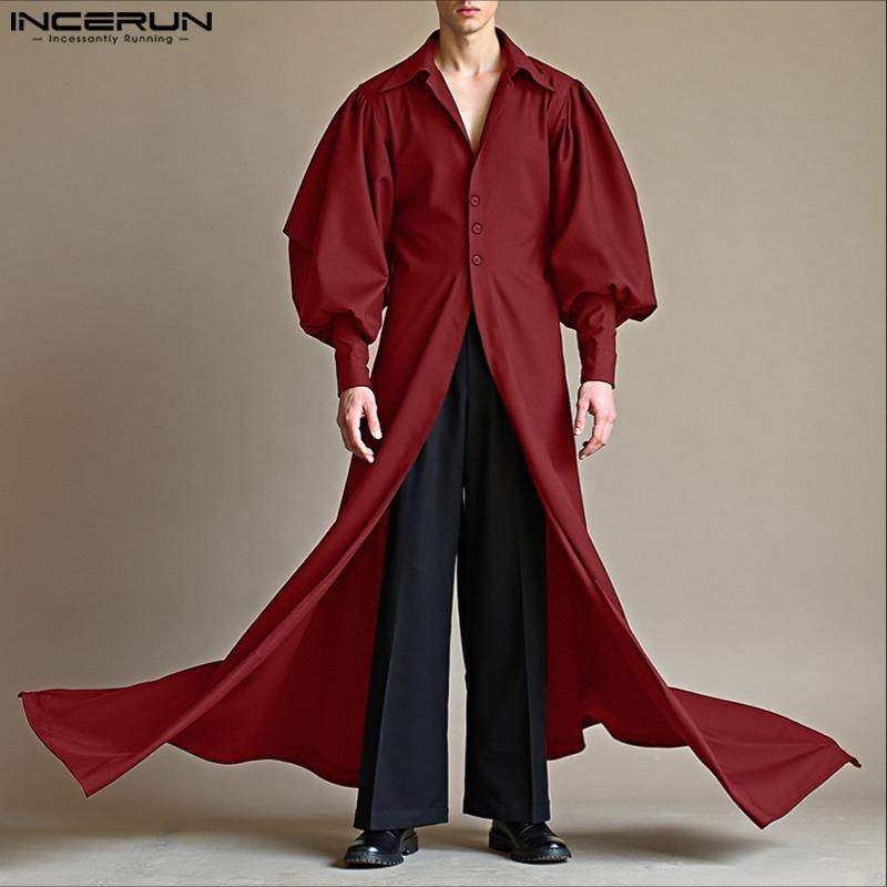 INCERUN Men Lapel Collar Long Puff Sleeve Buttons High Splits Long Shirts