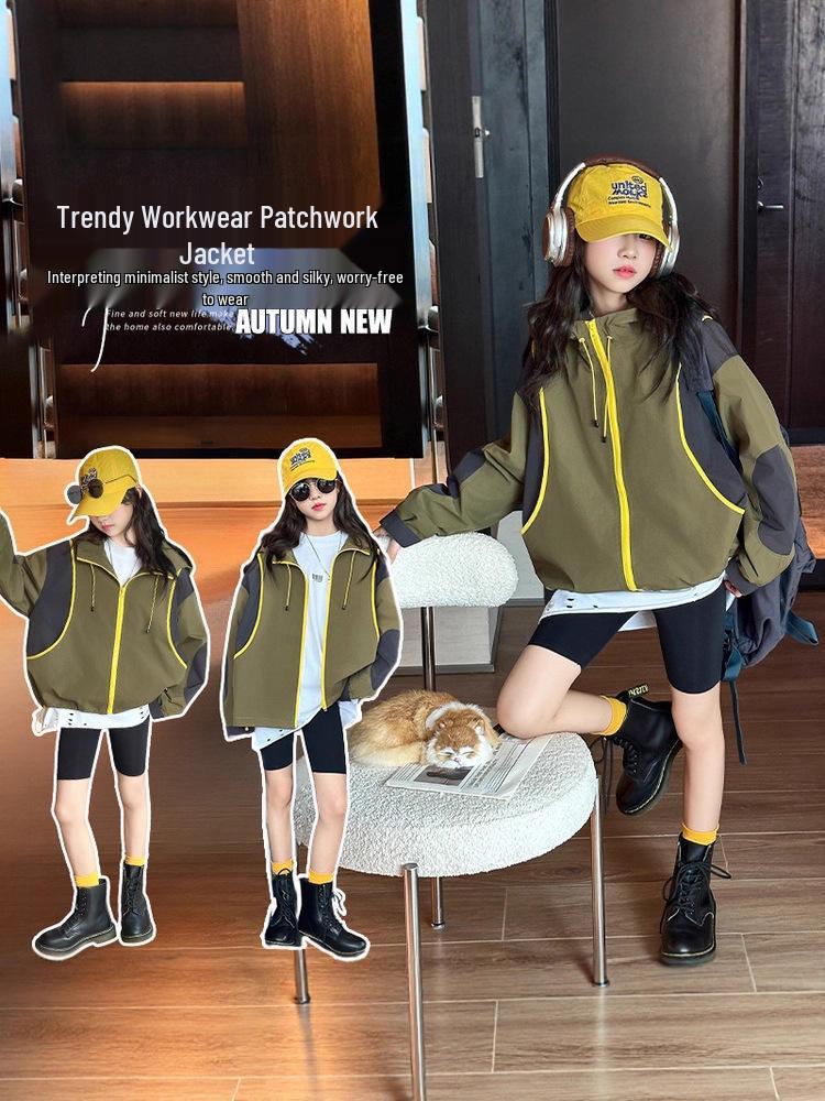 Flickors färgblocksvindjacka - Vår/Höst 2025, Med huva, Vindtät, För mellanstora och stora barn