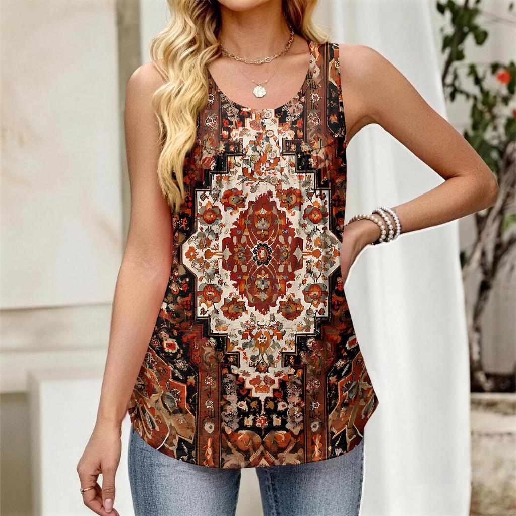 Women's New Fashion Retro Floral Striped Textured Print Round Neck Loose Casual Button-Down Sleeveless Vest Top