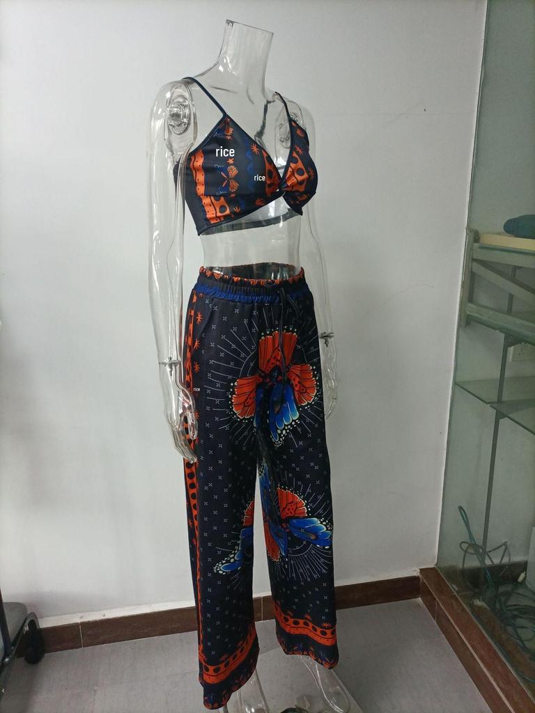 2025 Sommer Damen Europäischer & Amerikanischer Print Bandeau Weite Hosen Zweiteiliges Set