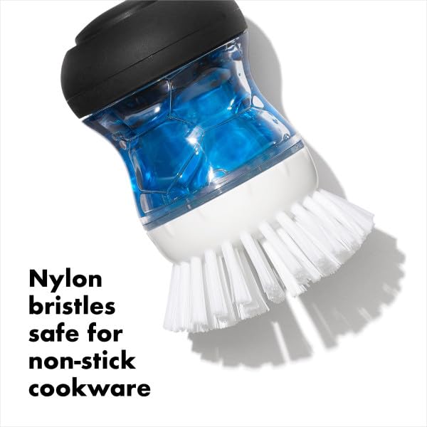 OXO Palm Brush Kitchen Brush with Detergent Dispenser Cleans and Other Kitchen Supplies One-Push - - Pots, Pans, Dishes,