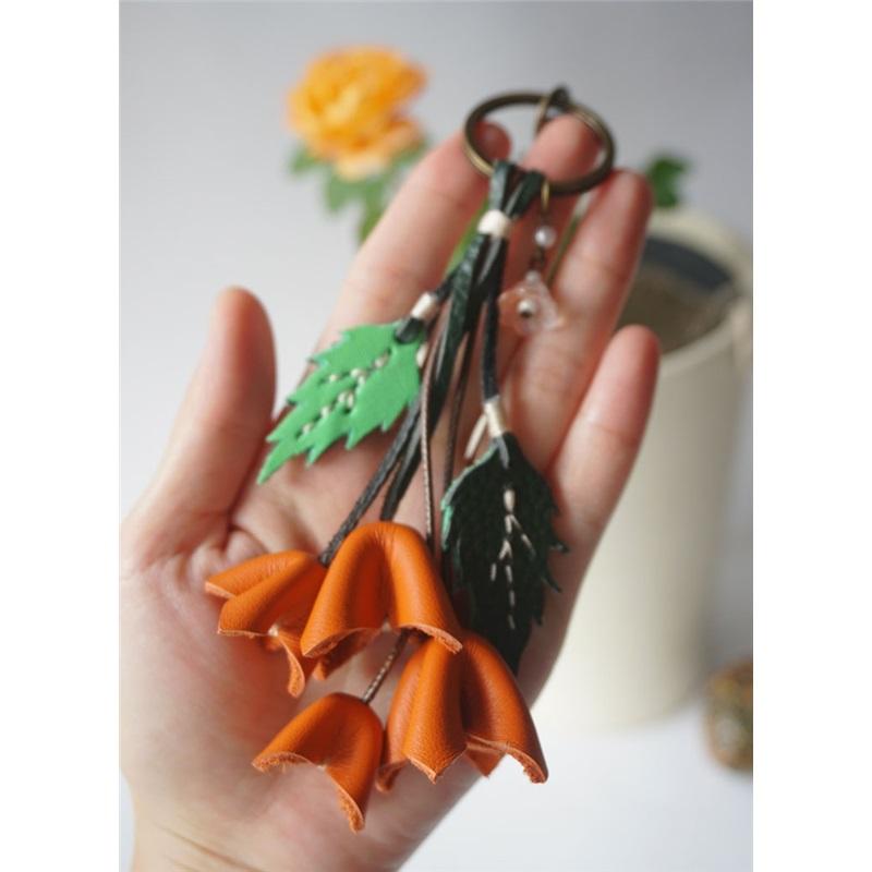 Handmade Genuine Leather Keychain with Flowers and Leaves, Bag Accessory