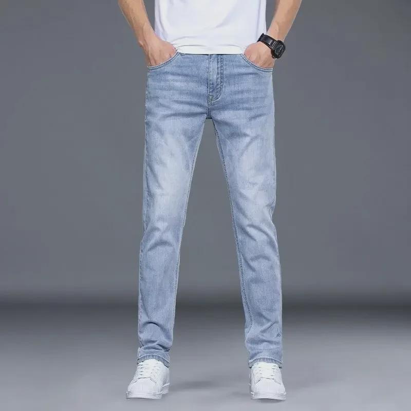 2024 Herren Slim Straight Stretch Blaue Eisseidenjeans