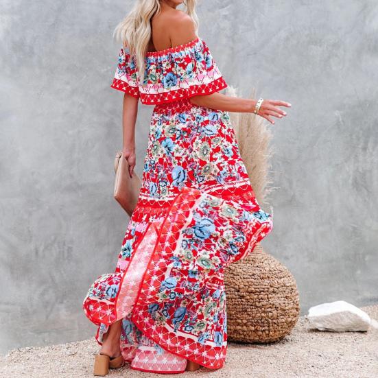 Women Dress Floral Print Off Shoulder Temperament Strapless Slim-fitting Sundress for Party
