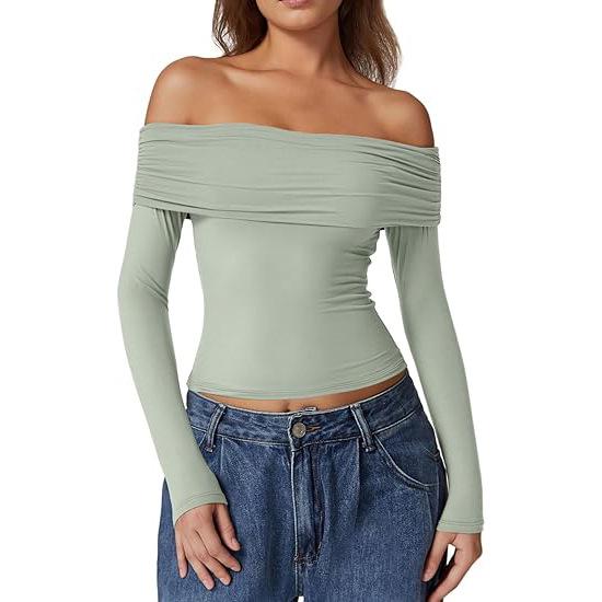 European and American Women's One-Shoulder Long-Sleeve Milk Silk T-Shirt - Elegant and Stylish Design