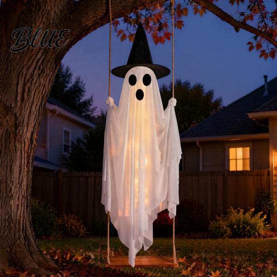 Animierte Halloween-Hoffiguren Leuchtendes Hängendes Schaukelgeister mit Hexenhut Fernbedienung Verstellbar Einfache Montage Requisiten Helligkeit Fliegend