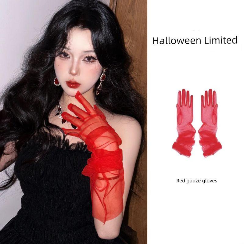 

Красные сетчатые нарукавники Свадебное формальное платье Свадебное платье Перчатки с разделением пальцев Женские Ультратонкие Прозрачного цвета Скрывающие руки Хэллоуин Red Lace gloves