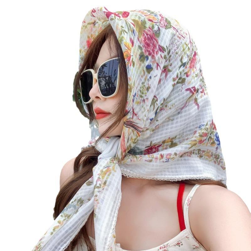 Pastoral retro floral linen triangle silk scarf women's spring and autumn literary tie code packet of the released version headscarf sunscreen shawl