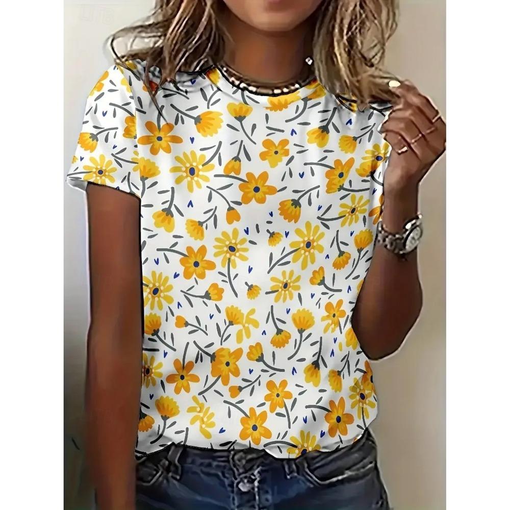 Summer Fashion Women's T-Shirt Beautiful Flowers Stylish 3D Printed Casual Short Sleeved Crew Neck Tees Regular Tops