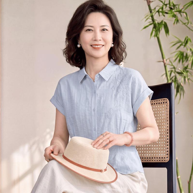 Yuzhaolin Mid-Aged Women s Embroidered Short Sleeve Lapel Shirt XL