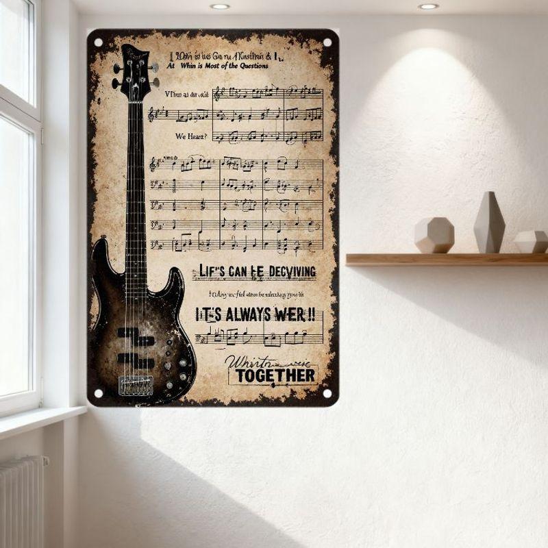 Vintage Metallplåtskylt med Elektrisk Basgitarr & Musikaliska Noter, Livet Kan Vara Bedrägligt, Retro Åldrad Väggdekor för Man Cave