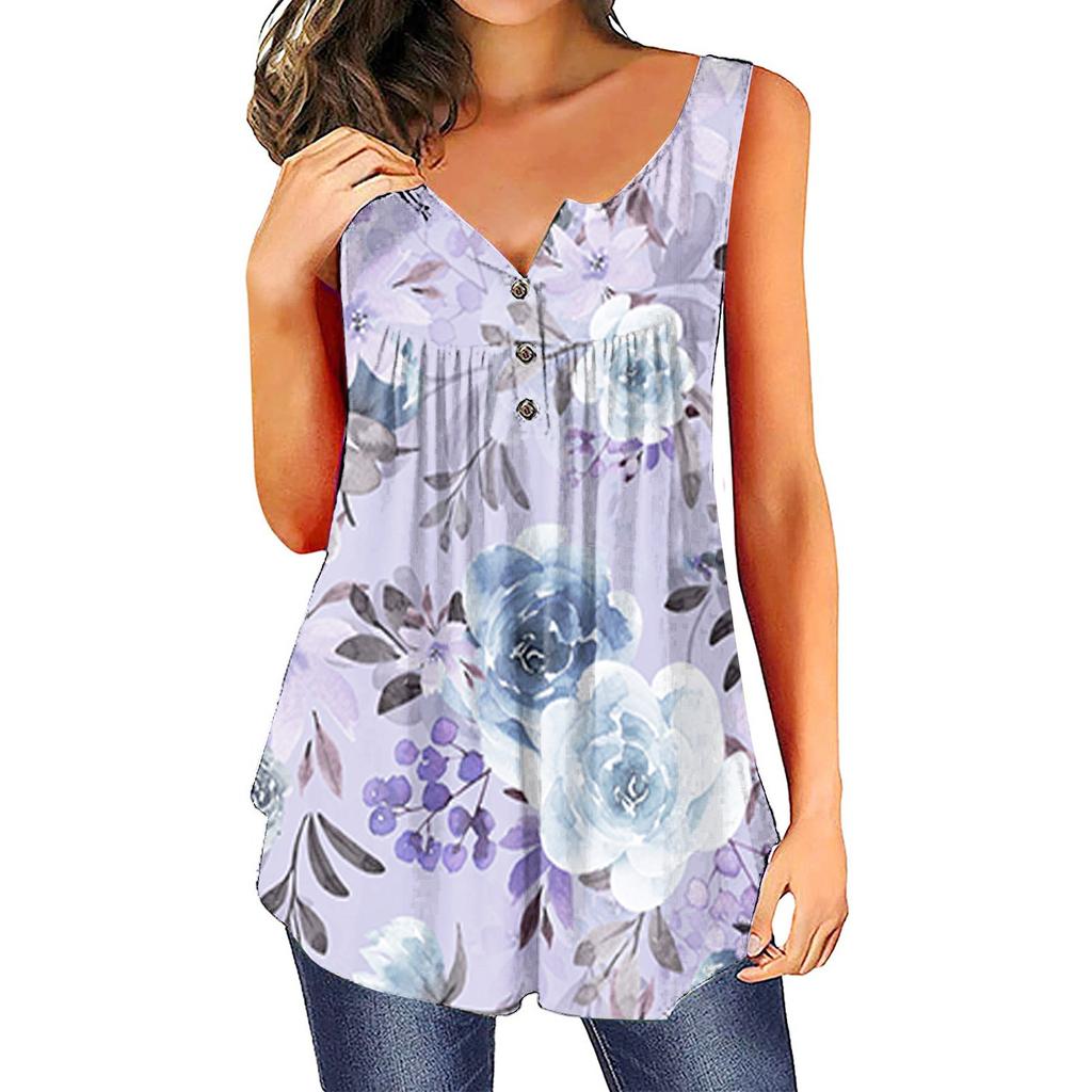 Women's Fashion Floral Printing Pleated Sleeveless Casual T-shirt Vest Button Top