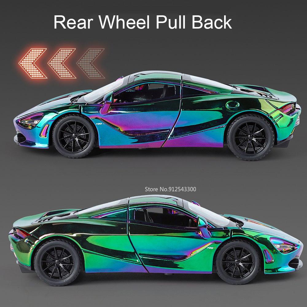 1:32 Scale 720S 765LT Toy Car Model Pull Back Sound Light Lift Tail Wing Vehicle Metal Diecast Models Supercar Gifts for Kids