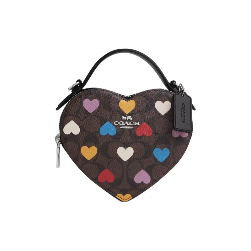 COACH Heart 17 printed zipper closure coated canvas and smooth leather heart-shaped bag shoulder crossbody tote small women s khaki коричневый