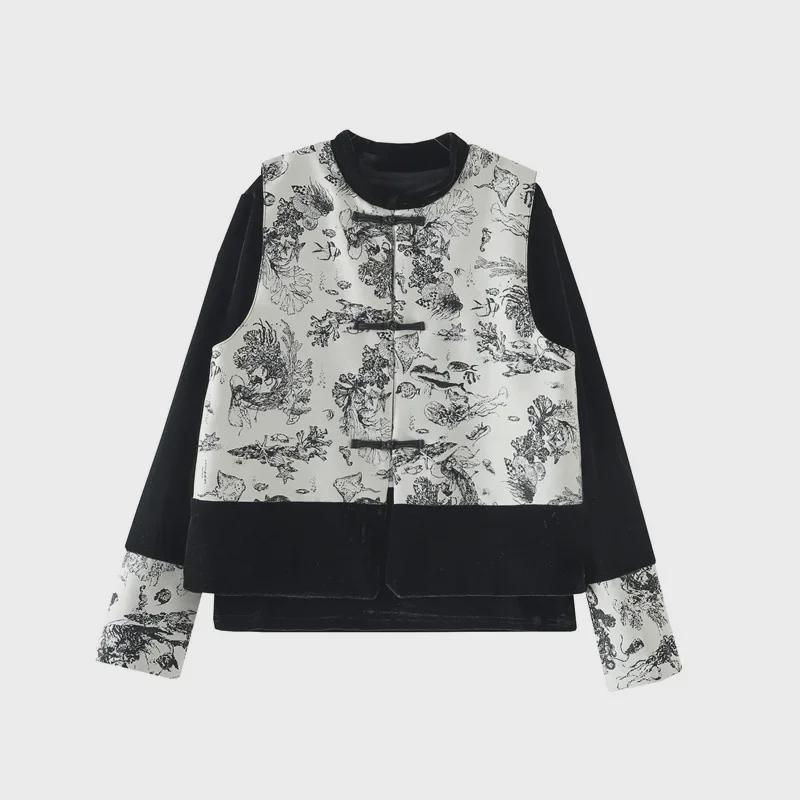 

European Style Tang Suit Jacket with Ink Painting and Jacquard Vest XL