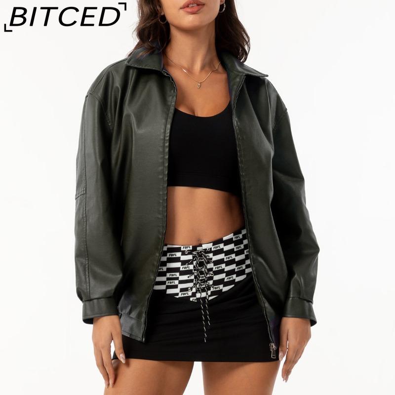 BITCED Fashionable Oversized Leather Jacket for Women Long-Sleeve Collared Spring/Fall Coat