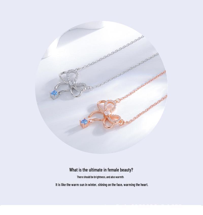 S925 Sterling Silver Aquamarine Zircon Bow Necklace for Women