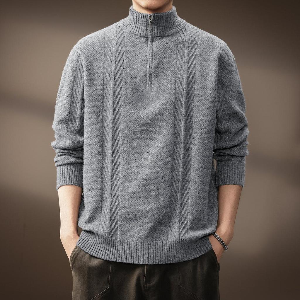 Men's High-End Half-Zip Stand Collar Sweater - Thickened Knit Jacket for Autumn/Winter