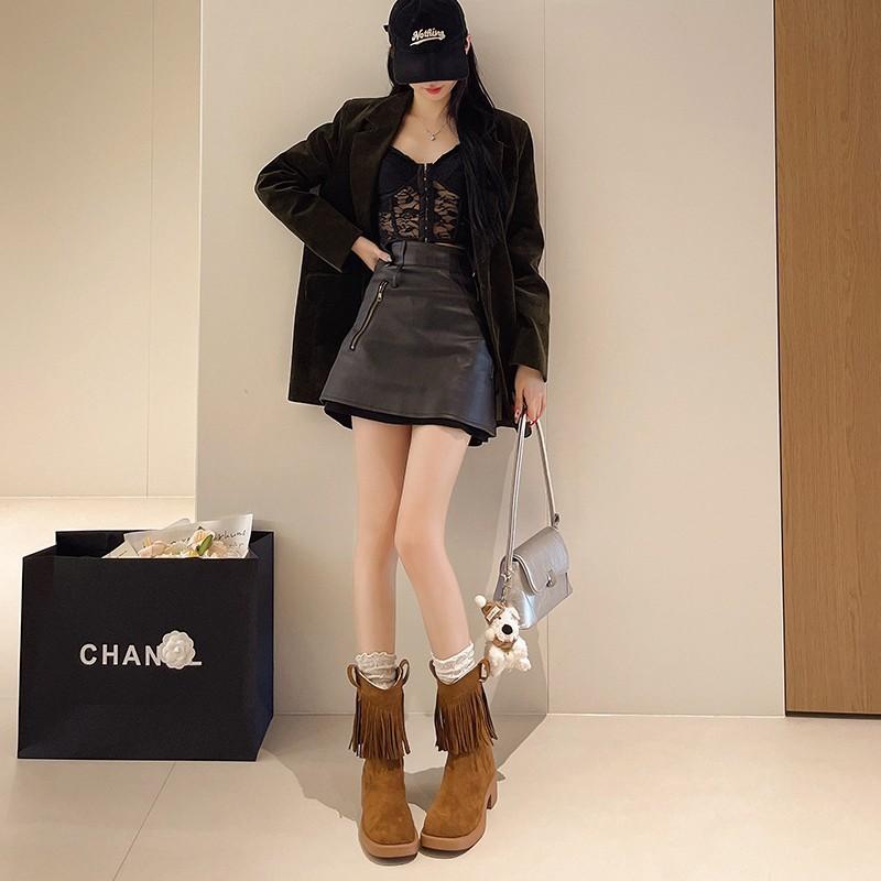 Martin boots women's new short boots thick heel fringed small western boots