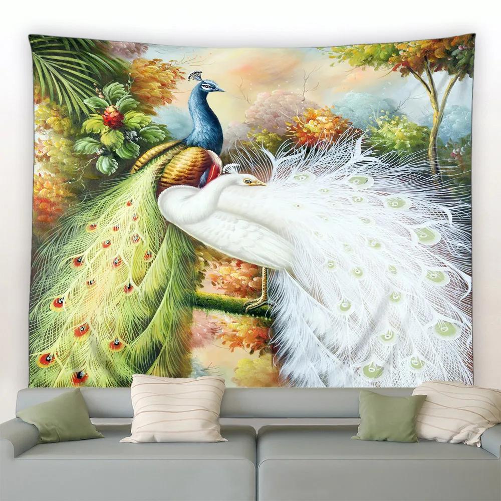 Cute Peacock Tapestry Peony Flower Butterfly Bird Wall Hanging Chinese Landscape Painting Tapestry for Living Room Bedroom Decor
